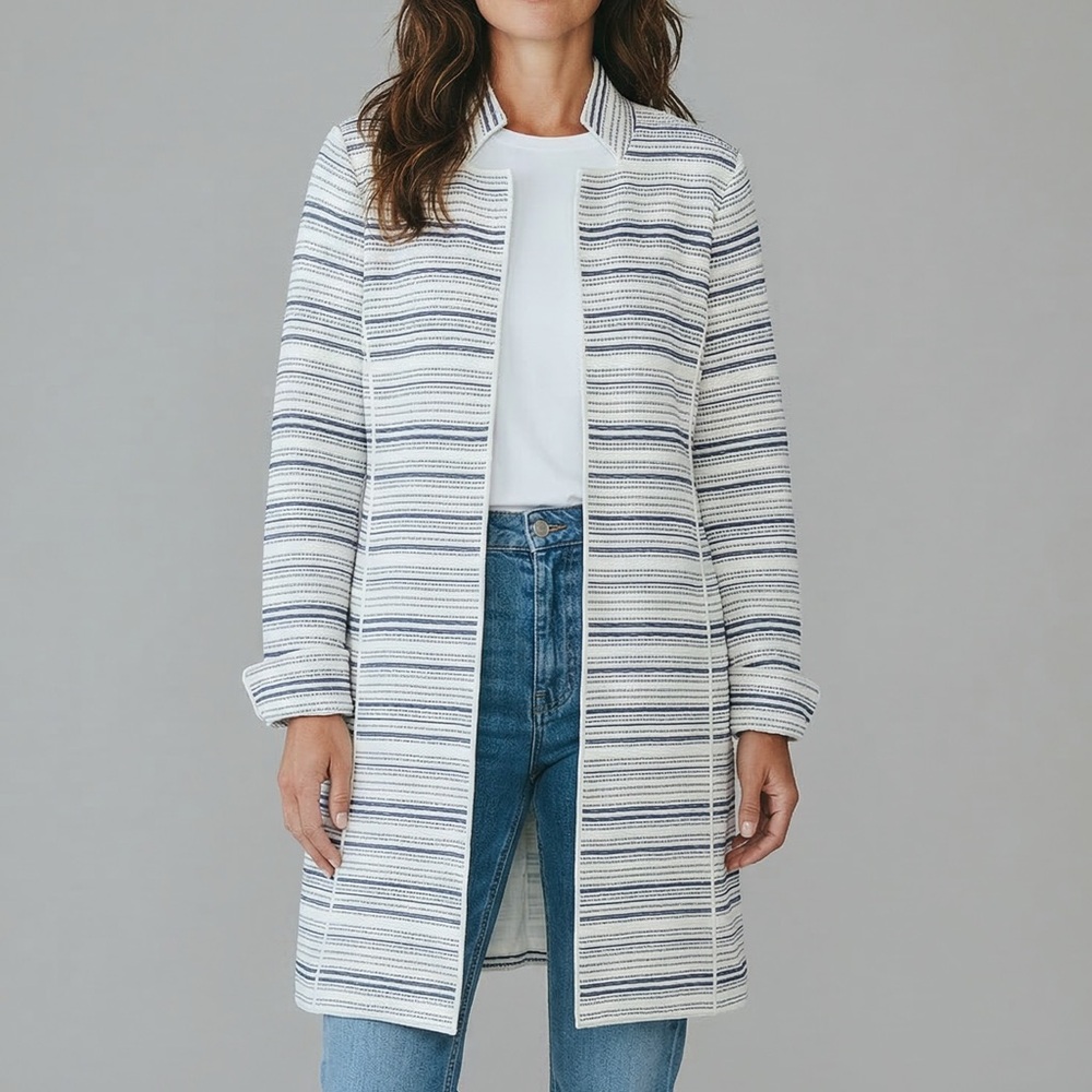 W By Worth Coat Petite P‎ White Navy Stripe Tweed Open Front Jacket Coastal Long